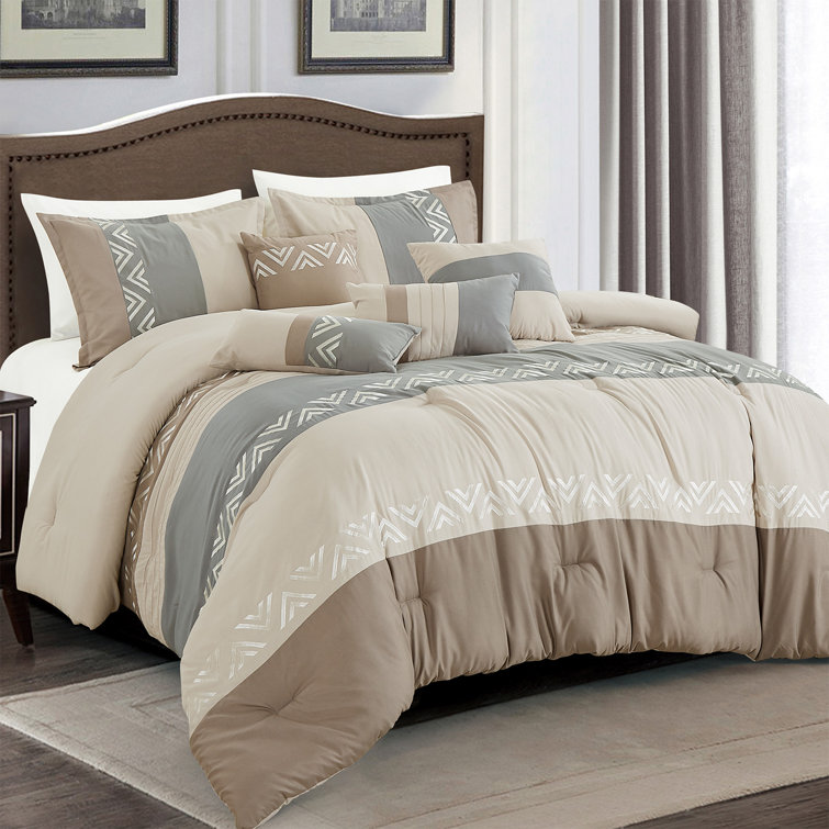 Homechoice International Group Taupe/Ivory/Light Gray Microfiber 7 Piece Comforter Set & Reviews